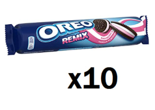 10 Paquetes de Galletas de cacao rellenas de crema sabor vainilla y frambuesa Remix Oreo 157 g. por 10.2€