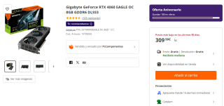 Tarjeta Gigabyte GeForce RTX 4060 EAGLE OC por 309,99