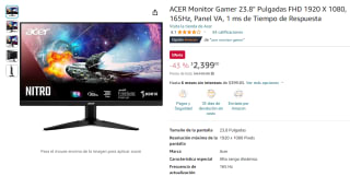Monitor ACER Gamer 23.8" FHD 1080p 165Hz por $2,399 en Amazon