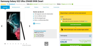Samsung Galaxy S22 Ultra, 12GB, 256GB Zwart voor €637 bij Belsimpel