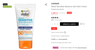 Garnier Delial Sensitive Advance Gel Solar Facial 50ml por 1€