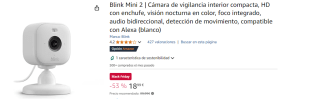 Cámara de vigilancia IP - Amazon Blink Mini 2, HD, Visión nocturna en color, Audio bidireccional, Detección movimiento, Compatible Alexa por 18.99€