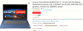 Lenovo Chromebook IdeaPad Slim 3 voor €99 bij Amazon