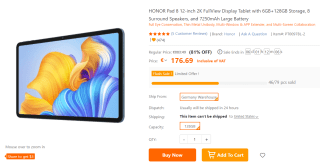 Honor Pad 8, 30,5 cm (12"), 2000 x 1200 Pixels voor €176,69 bij tomtop