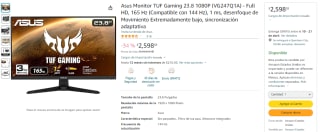 Monitor Asus TUF Gaming 23.8" 1080p por $2,598 en Amazon