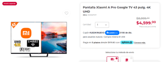 Smart TV Xiaomi A Pro 43" 4K UHD por $3,909 en Office Depot con PayPal