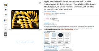 Apple 2025 MacBook Air de 13 Pulgadas con Chip M4, Pantalla Liquid Retina de 13,6 Pulgadas, 16 GB de Memoria unificada, 256 GB SSD por 1.029€