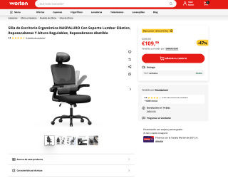 Silla de Escritorio Ergonómica NASPALURO Soporte Lumbar Elástico Reposacabezas por solo 109,99€