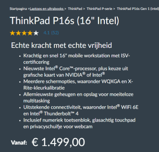 Lenovo ThinkPad P16s Gen 1 (21BT000AMH) voor €1499bij Lenovo