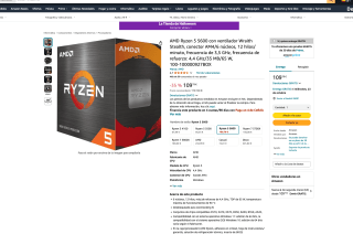 AMD Ryzen 5 5600 con ventilador Wraith Stealth conector AM4/6 núcleos 12 hilos/minuto 3,5 GHz 4,4 GHz/35 MB/65W por 109,79€