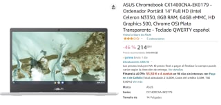 Ordenador Portátil 14" Full HD ASUS Chromebook CX1400CNA-EK0179 por 214€