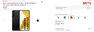 Samsung Galaxy S22 5G de 8GB/128GB por 321,49€ (newsletter por 311,49€)