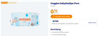 Huggies Pure Babydoekjes 99% water 56 stuks voor €0,74 bij de Action