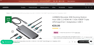 Adaptateur USB C HUB Ugreen Revodok 308 Docking Station Hub USB C - 2 HDMI 4K 1 VGA 1080P Triple Affichage 8 en 1 à 39,99€