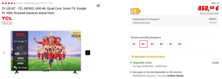 Televisor LED 65" - TCL 65P655, UHD 4K, Quad Core, Smart TV, Google TV, HDR, Brushed titanium metal front por 458.68€