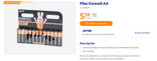Duracell Pilas AA, paquete de 12 por 5,59€