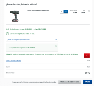 Taladro atornillador inalámbrico 20V + batería + cargador por 29,75€