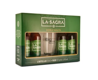 2 Pack 8 Cervezas de 330 ml de La Sagra Doble Malta Alc 6,4 Vol. + 2 Vasos 1/2 pinta a solo 10,48€