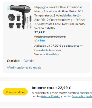 Secador Pelo Profesional Iónico, Motor AC 3 Temperaturas 2 Velocidades por 22,99€