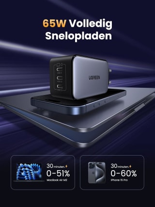UGREEN Nexode USB C-oplader 65W met 3 x USB-C-poorten voor €27,99 bij Amazon