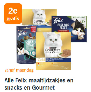 Alle Felix maaltijdzakjes en snacks en Gourmet 2de voor de halve prijs bij de AH