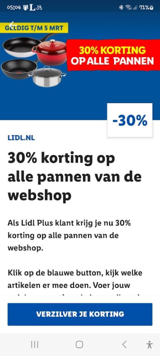 30% korting op alle pannen via de Lidl Plus app