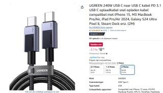 UGREEN 240W USB C naar USB C oplaadkabel PD 3.1 USB C 2 meter voor €8,99 bij Amazon