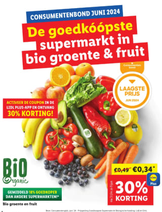 30% korting op alle biologische fruit en groente bij de Lidl