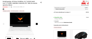 Portátil gaming HP Victus 16-r0001ns, 16.1" Full HD, Intel Core i7-13700H, 16GB RAM, 512GB SSD, RTX 4050 por 899€