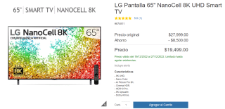 LG Pantalla 65" NanoCell 8K a $19,499 en Costco