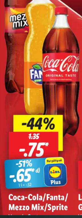 Coca Cola, Fanta, Sprite en Mezzo Mix 1,25L voor €0,65 bij de Lidl in Duitsland