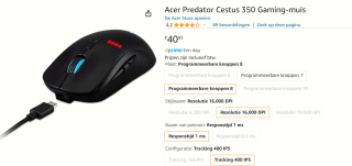 Acer Predator Cestus 350, Gamingmuis voor €40,95 bij Amazon