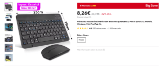 MicroData Teclado inalámbrico con Bluetooth + Mouse para IOS, Android, Windows por 8,26€