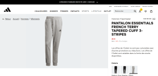 Pantalon Essentials French Terry Tapered Cuff 3-Stripes à 25€