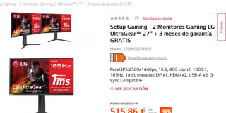 2 monitores Gaming LG UltraGear 27" QHD 165Hz + 3 meses de garantía GRATIS por 515.86€