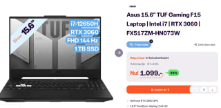 ASUS TUF Dash F15 FX517ZM-HN073W - Gaming Laptop - 15.6 inch - 144Hz voor €1099 bij Ibood