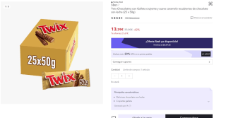 Twix Chocolatina con Galleta crujiente y suave caramelo recubiertos de chocolate con leche (25 x 50g) por 10,71€