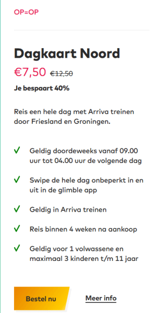 Arriva dagkaart voor Groningen Friesland voor €7,50 of voor Limburg voor €10