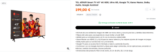TCL 43P639 Smart TV 43'' 4K HDR, Ultra HD, Google TV por 199€