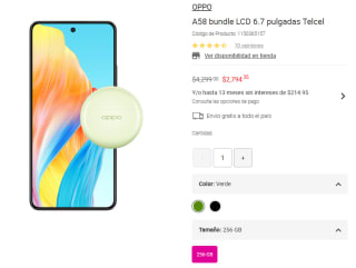 Oppo A58 256GB Telcel + Audífonos $2,794 | Descuento Liverpool