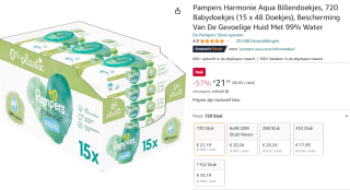 Pampers Harmonie Aqua Babydoekjes - 15 x 48 babydoekjes - 720 stuks voor €21,19 bij Amazon