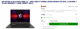 MSI Vector 16 HX A14VGG-258NL laptop voor €1.599 bij Azerty