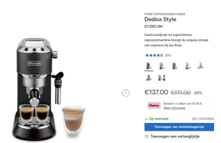 De'Longhi Dedica Style EC685.BK - Pistonmachine voor €137 bij Delonghi