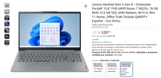 Lenovo IdeaPad Slim 3 Gen 8 de 15.6" FHD AMD Ryzen 7 5825U, 16GB, 512GB SSD por 529€