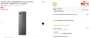 Frigorífico combi - LG GBP61DSPGN, No Frost, 186 cm, 374 l, DoorCooling+ por 453,72€