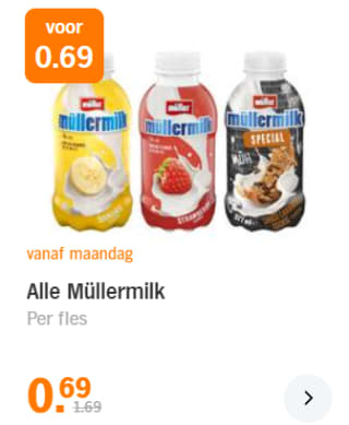 Alle Müllermilk voor €0,69 bij de AH