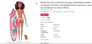 Barbie met Surfplank en puppy voor €16,99 bij Amazon