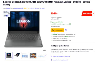 Lenovo Legion Slim 5 (82Y9008SMB) AZERTY 16" laptop voor €1149 bij Bol