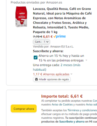 1Kg Lavazza, Qualità Rossa, Café en Grano Natural por 6,61€