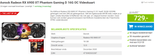 Asrock RX 6900XT Phantom Gaming 16GB voor €729 bij Megekko